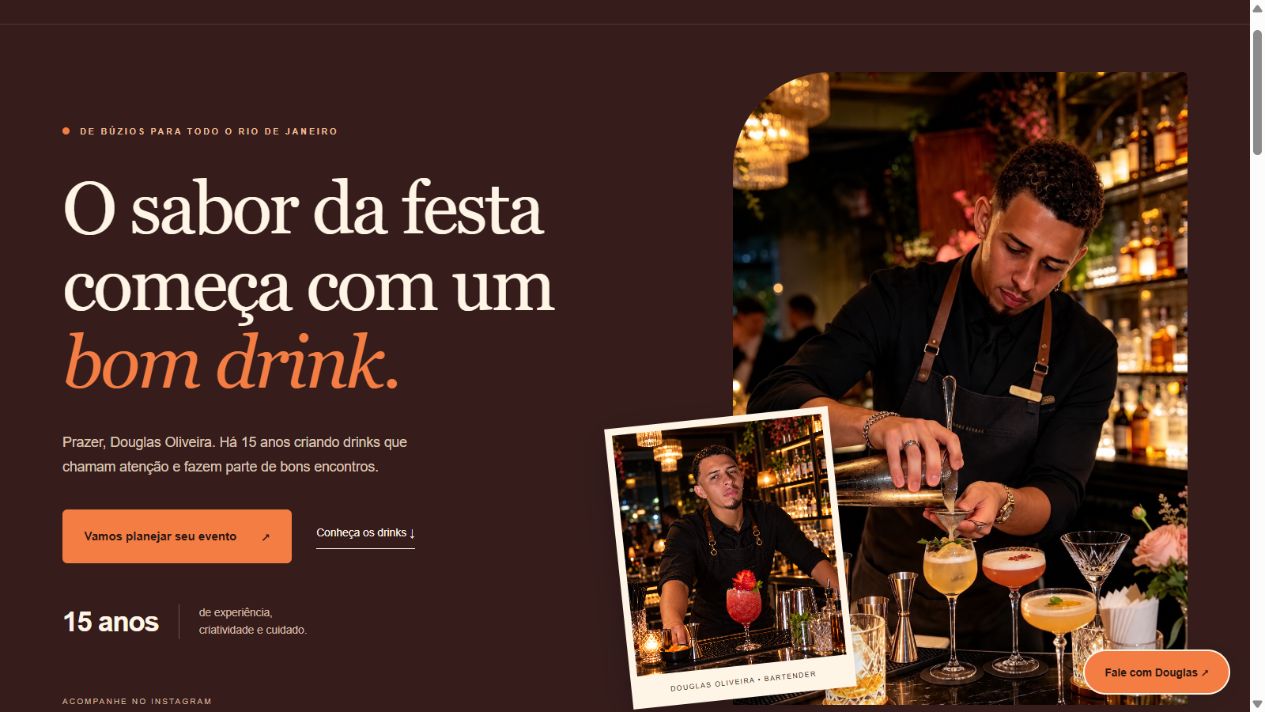 Site de Douglas Oliveira Bartender com apresentação e fotos de drinks