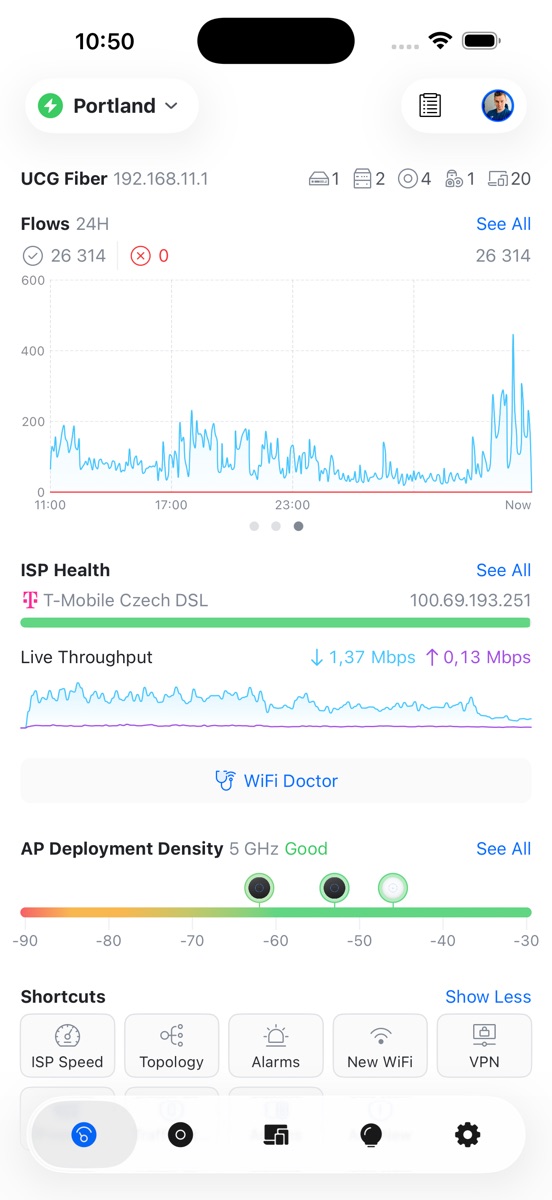 Tela oficial do aplicativo UniFi no celular, com gráficos de tráfego e estado da conexão